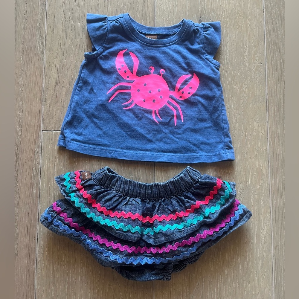 Tea Collection Kids Crab Print Top and Ruffle Skirt Set - Blue and Pink